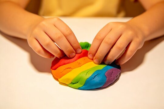 Child playing with rainbow colored clay