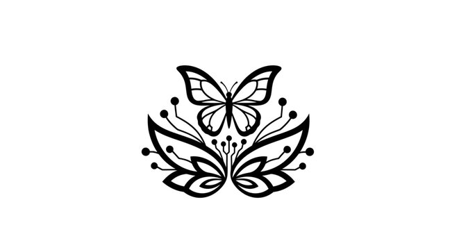 Butterfly and Abstract Floral Design - Black and White Vector Art