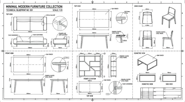 Minimal modern furniture collection technical drawing sheet