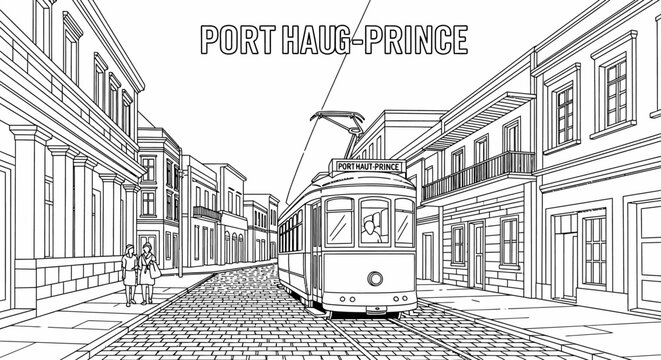 Vintage tram driving through historic seaside town street.