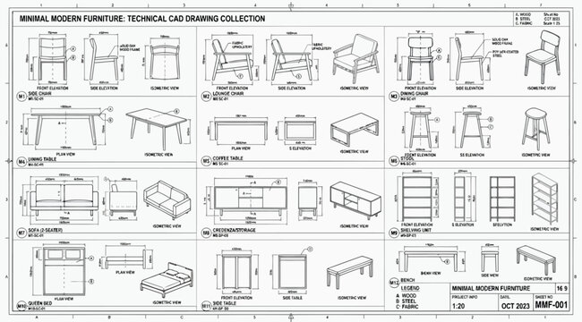 Minimal modern furniture technical cad drawing collection sheet
