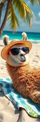 Fototapeta premium Relaxed llama lounging on beach towel with sunglasses and fedora, peaceful, sun