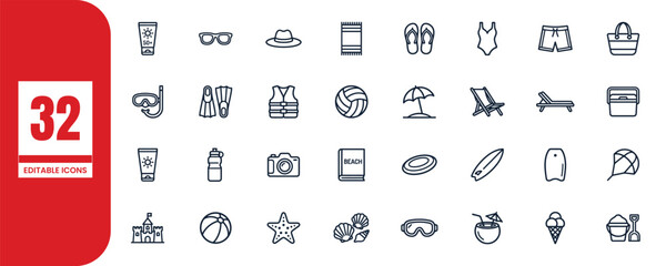 Beach vacation editable icons set for travel and summer activities © MahfuzurRahman
