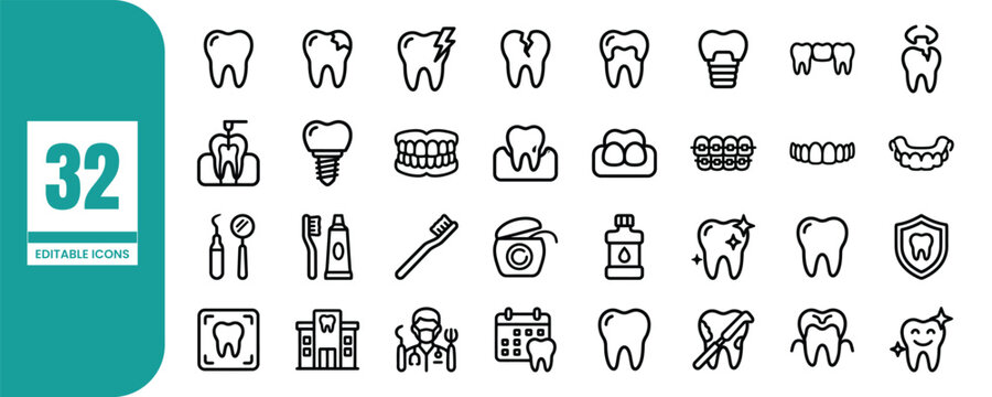 Dental care editable icons set for oral health and hygiene