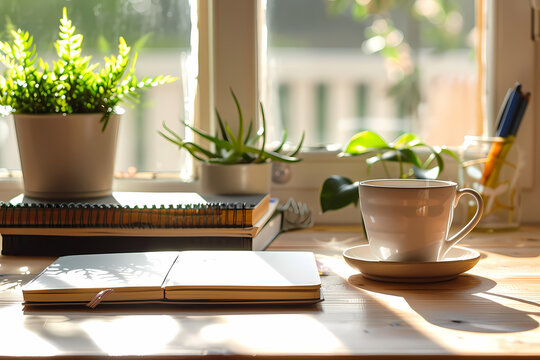 Student desk setup with notebook and coffee in soft morning sunlight