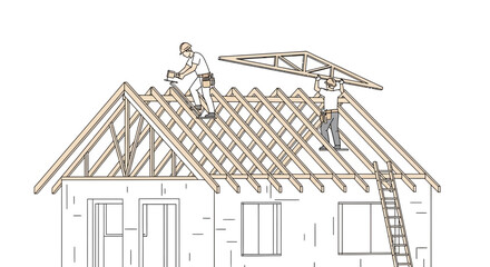 Construction workers installing roof trusses on a house under construction © Khusni