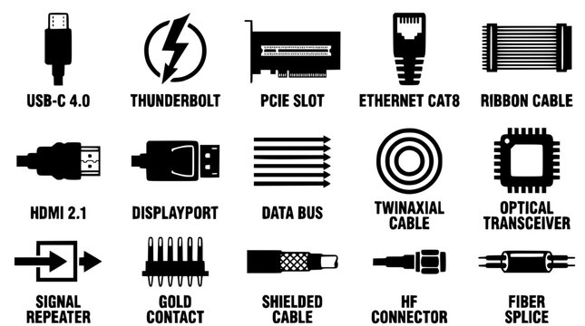 Various computer connectors and cables illustration