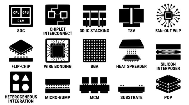 Various semiconductor packaging and integration technologies illustrated