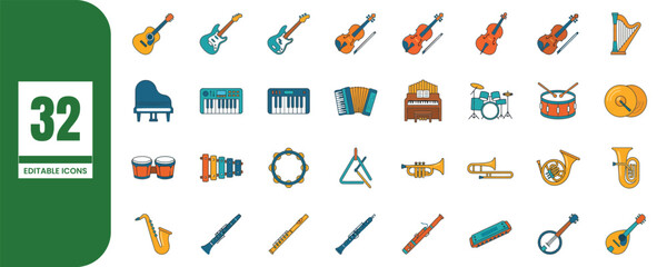 Collection of 32 editable music icons in various styles and colors © MahfuzurRahman
