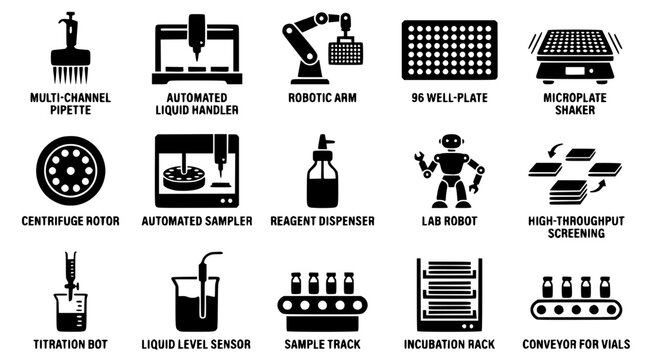 Laboratory equipment and automation icons for science and research