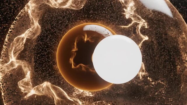 Golden liquid sphere colliding with a solid white orb. Abstract fluid motion and explosion effect with glowing light particles in dark cinematic motion graphics