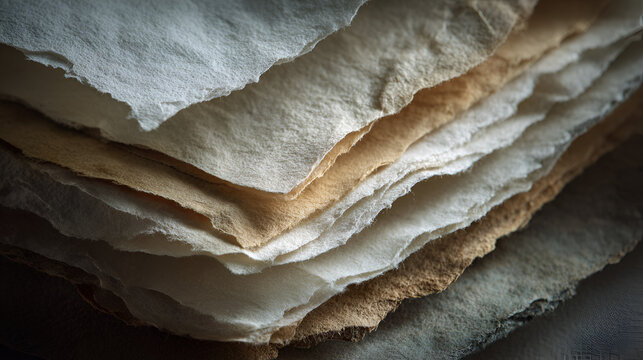 Stack of handmade paper with organic deckle edges, showing varying natural textures and earthy tones, reflecting craftsmanship and traditional artistry