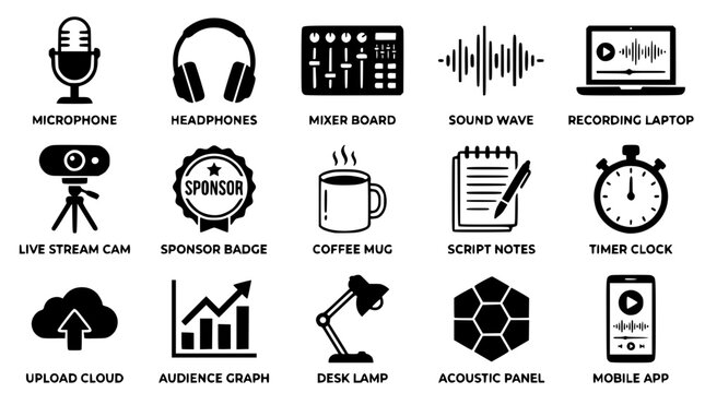 Flat design icons for podcasting and live streaming setup