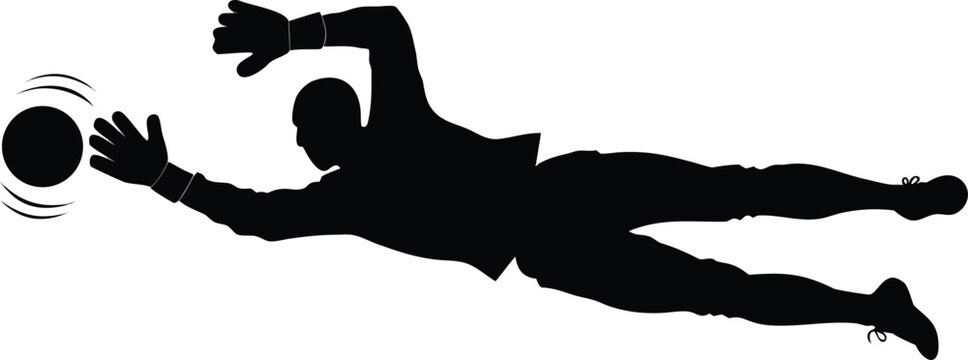 Soccer goalkeeper silhouette, diving save vector, black athletic figure, sports icon