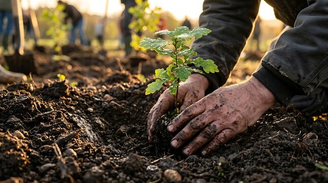 Hands planting young tree sapling in soil for forest reforestation with planting