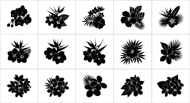 set of black silhouettes of leaves