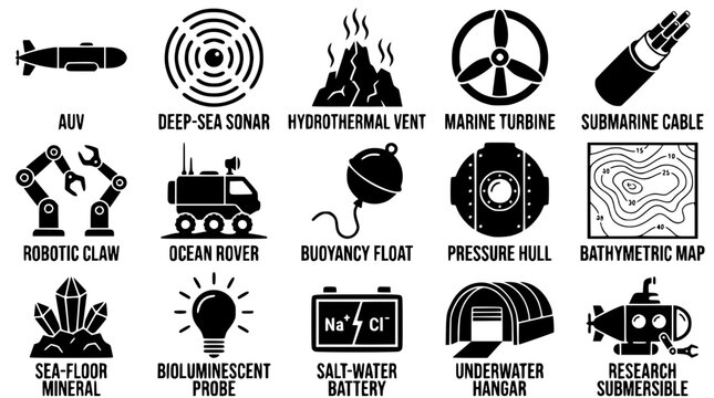 Underwater exploration equipment and technology vector graphics set