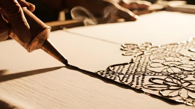 Close up of an artisan hand applying hot melted wax onto fabric using a traditional copper canting tool to create floral batik patterns