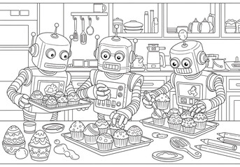 Obraz premium Coloring Page Robots Baking Cupcakes and Easter Eggs