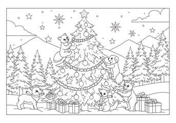 Naklejka premium Christmas Tree Coloring Page with Animals Decorating