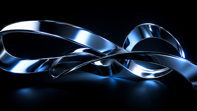 Shiny chrome metallic ribbon twisted into an abstract 3D shape glowing with blue light on dark background