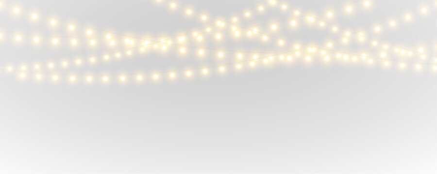 Bright glowing bulbs decorate borders. PNG isolated festive element for banners. Warm reflections add depth and charm.