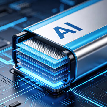 A close-up of a solid-state battery shows the word "AI" printed on its casing, showcasing the stacked electrode structure of the next-generation solid-state lithium battery.