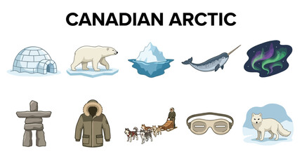 Canadian Arctic Icons: Igloo Polar Bear Iceberg Narwhal Aurora Inukshuk Parka Sled Dogs Goggles Arctic Fox © zyaa