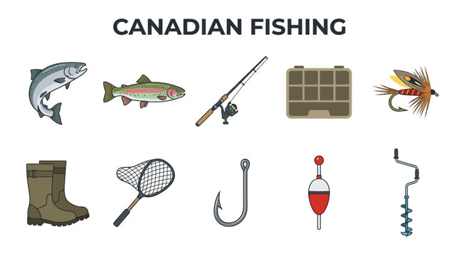 Canadian Fishing Equipment and Fish Illustration