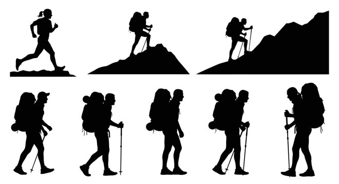 Set of silhouettes showing people running and hiking with backpacks.