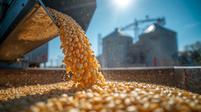 AI-generated grain transportation, unloading corn from conveyor or truck into large storage bins