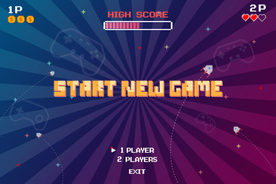 START NEW GAME play. Synthwave wireframe net illustration. pixel art 8 bit . Retro Futurism Sci-Fi Background. glowing neon grid and stars