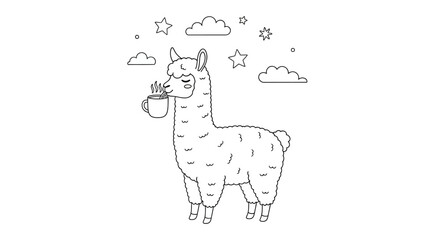 Naklejka premium Cute llama with a cup of coffee and stars, outline drawing for coloring book, simple vector illustration