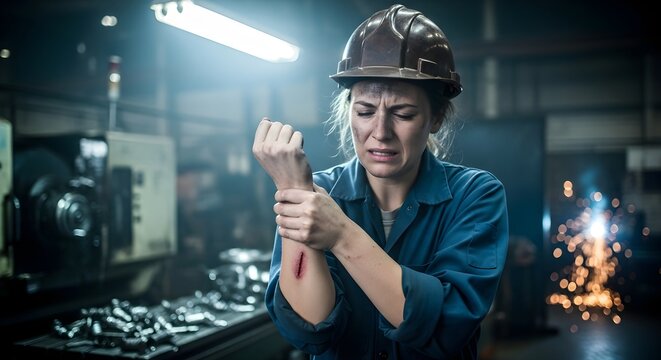 Injured worker in factory wearing hard hat and work shirt holding injured wrist with visible blood and machinery in background, symbolizing workers compensation claim and workplace injury.