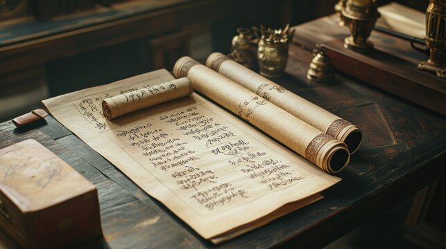 Ancient scrolls resting on a dark wooden table.  Detailed handwritten text on aged parchment.  Antique writing implements and a small box in the background