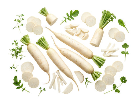 Fresh daikon radishes and slices arranged artistically on a white background