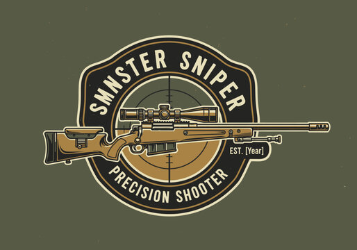 Classic Sniper Rifle Logo with Crosshairs and Retro Text Design for Precision Shooter Marksmanship Emblem