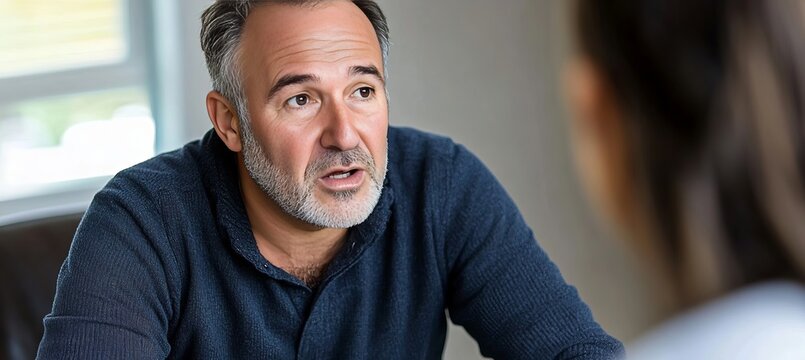 Thoughtful man in blue sweater engaged in conversation with attentive listener during discussion