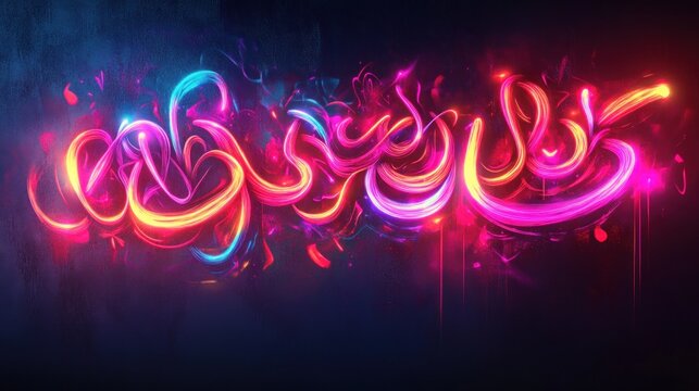 Vibrant, glowing calligraphy design.  Dynamic, abstract lettering in neon colors.  A celebratory, modern artistic interpretation of a religious text