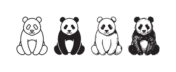 Four graphic styles of a cute panda bear sitting and looking directly forward © Ірина Гринюк