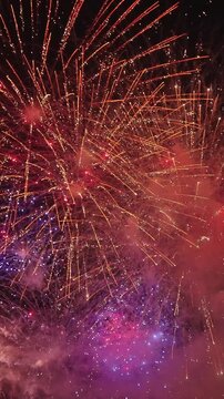 Fireworks display explosion red pink purple sparks night sky celebration festival holiday event background sparkles firecrackers pyrotechnics show entertainment festive party carnival new year vertica