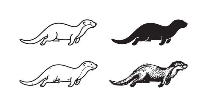 Four graphic styles of an otter lying down, viewed from the side