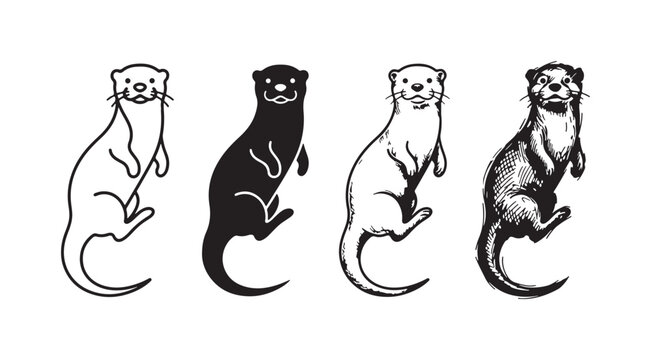 Four graphic styles of an otter standing with a slight angle, showcasing its body
