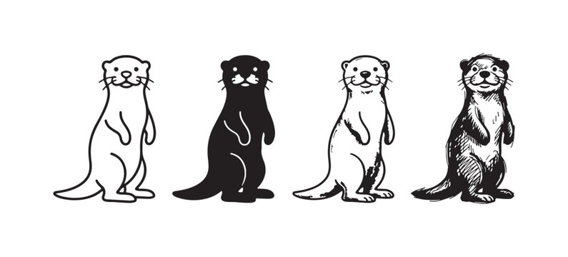 Four graphic styles of an otter standing upright and facing forward