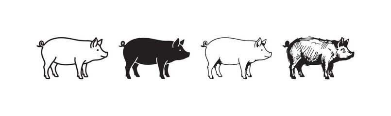Collection of pig illustrations in various styles: linear outline, solid fill, and intricate hand-drawn artistic sketches on white. © Ірина Гринюк