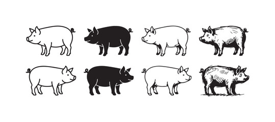 Obraz premium Eight stylized pig illustrations in a grid, showcasing outline, silhouette, and various hand-drawn sketch styles.