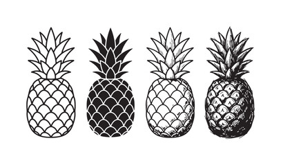 Fototapeta premium Collection of pineapple fruit vector illustrations showing various artistic approaches: linear, solid, and detailed sketches.