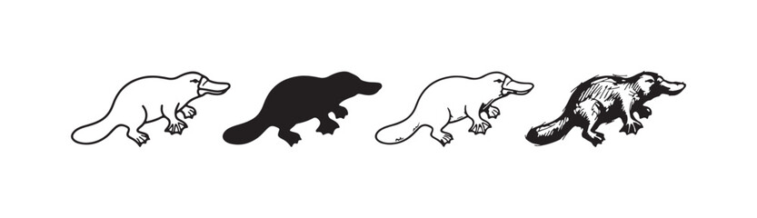 Fototapeta premium Stylized Platypus (Profile View, Walking) in Four Diverse Art Styles