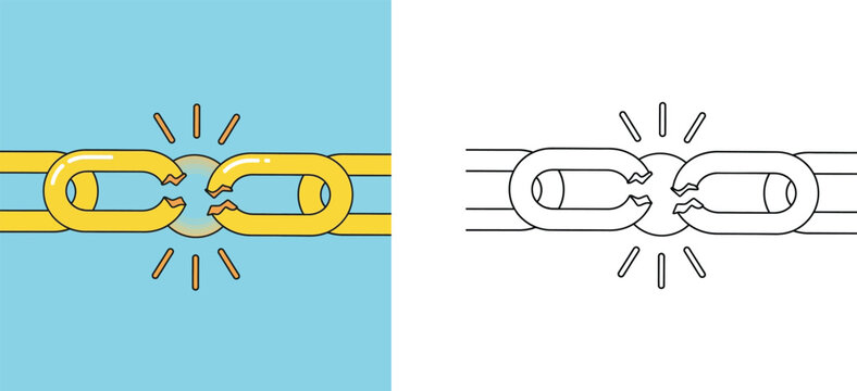 Broken chain vector illustration and outline coloring page set, snapped metal link concept for freedom, disconnection or weak link