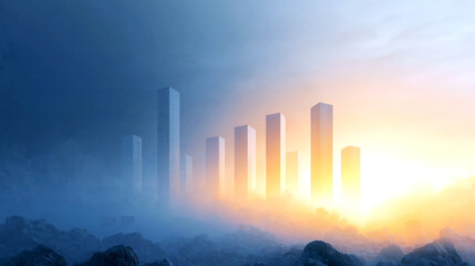 Fototapeta premium Surreal Cinematic Wide Shot of an Ethereal Landscape Featuring Towering Structures Emerging from a Mystical Fog at Sunrise